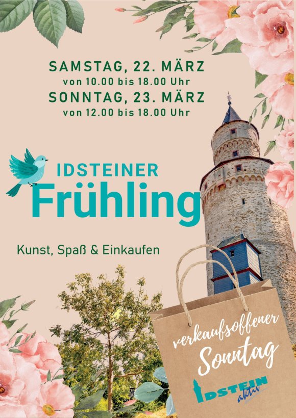 Plakat Idsteiner Frühling am 22. und 23. März , Hexenturm am rechten Bildrand mit Blütenranken und Einkaufstasche am unteren Bildrand